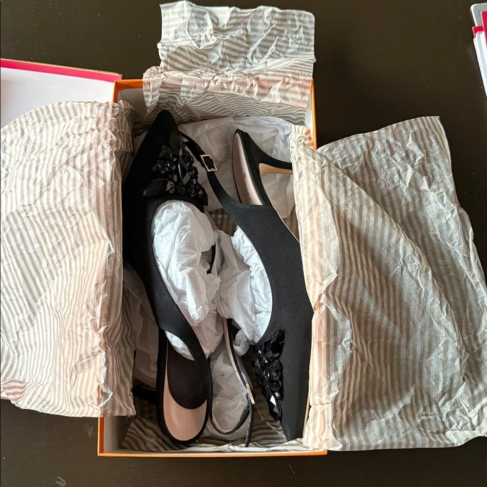 Kate Spade New York Black Grosgrain Beaded Sling Back Pumps - Picture 5 of 11